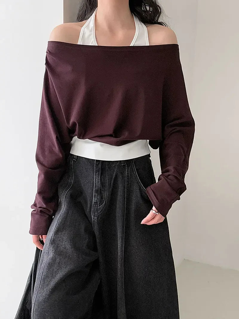 Patchwork Fake Two-Piece Halterneck Off-Shoulder Top - Plush Fashion Hub