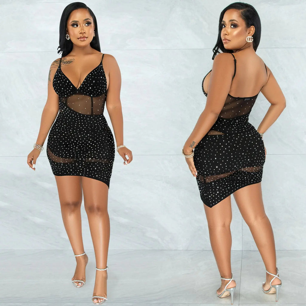 Women’s hot diamond irregular sling dress for nightclub wear, featuring a stylish evening dress design with shimmering details.