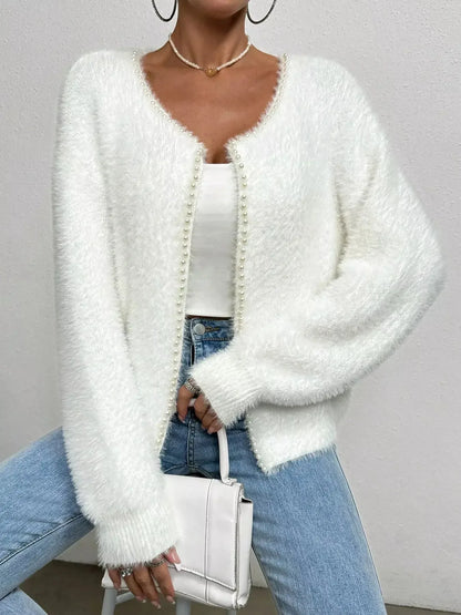 Pearl Trim Fuzzy Knit Cardigan - Plush Fashion Hub
