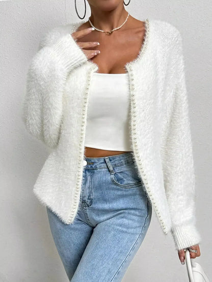 Pearl Trim Fuzzy Knit Cardigan - Plush Fashion Hub
