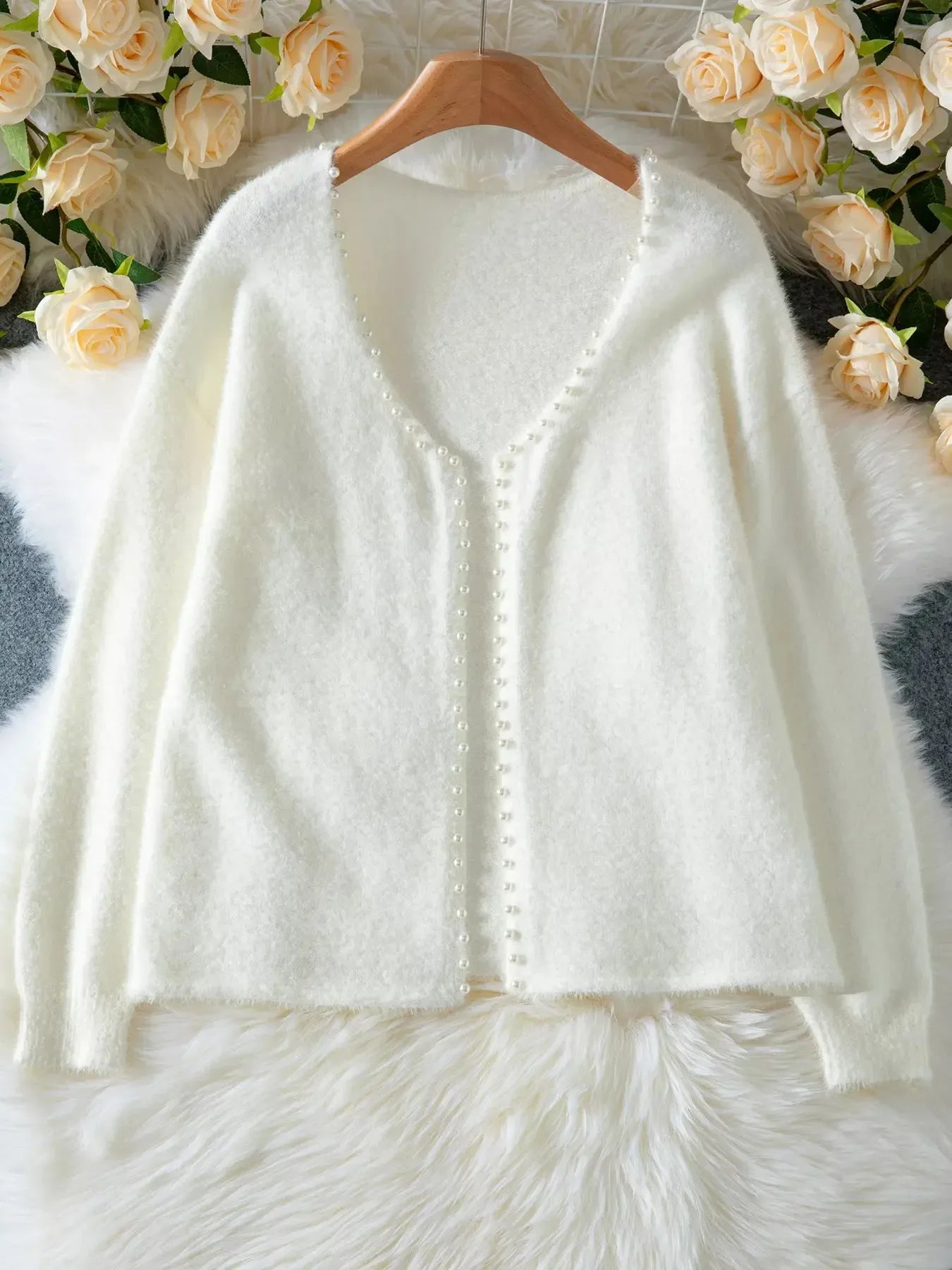 Pearl Trim Fuzzy Knit Cardigan - Plush Fashion Hub
