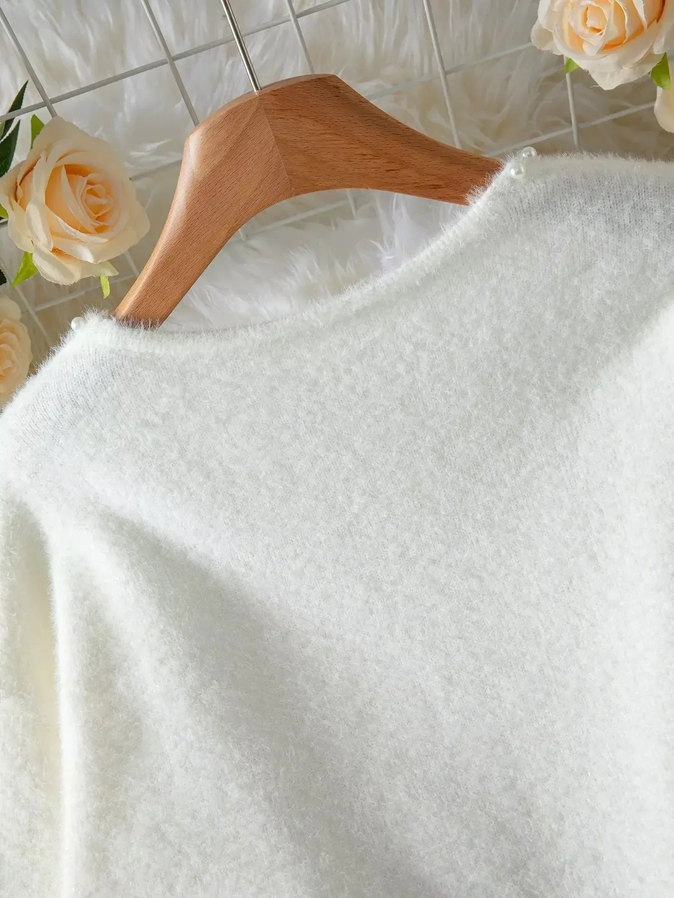 Pearl Trim Fuzzy Knit Cardigan - Plush Fashion Hub