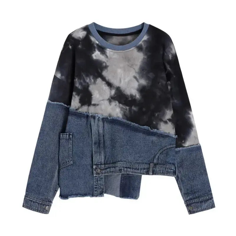 Colorful tie-dye denim stitching long-sleeve sweater by Plush Fashion Hub, featuring a relaxed fit and vibrant, artistic design.