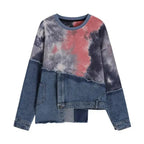 Tie-dye denim long-sleeve sweater by Plush Fashion Hub featuring loose fit and unique stitching, perfect for casual wear.