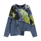 Colorful tie-dye denim stitching long-sleeve sweater from Plush Fashion Hub, featuring a cozy, relaxed fit and unique dye pattern.