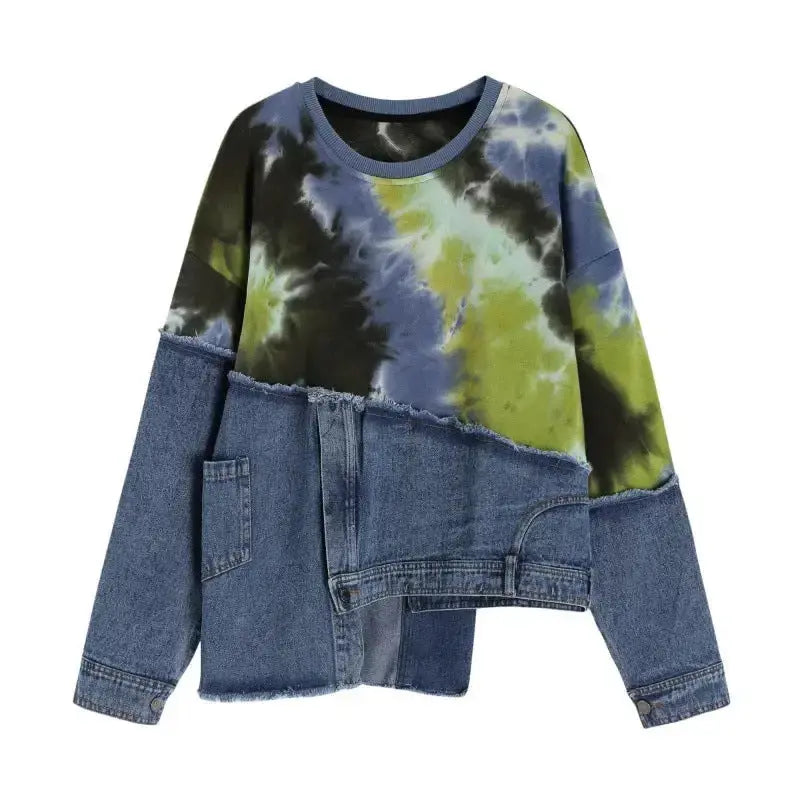 Colorful tie-dye denim stitching long-sleeve sweater from Plush Fashion Hub, featuring a cozy, relaxed fit and unique dye pattern.
