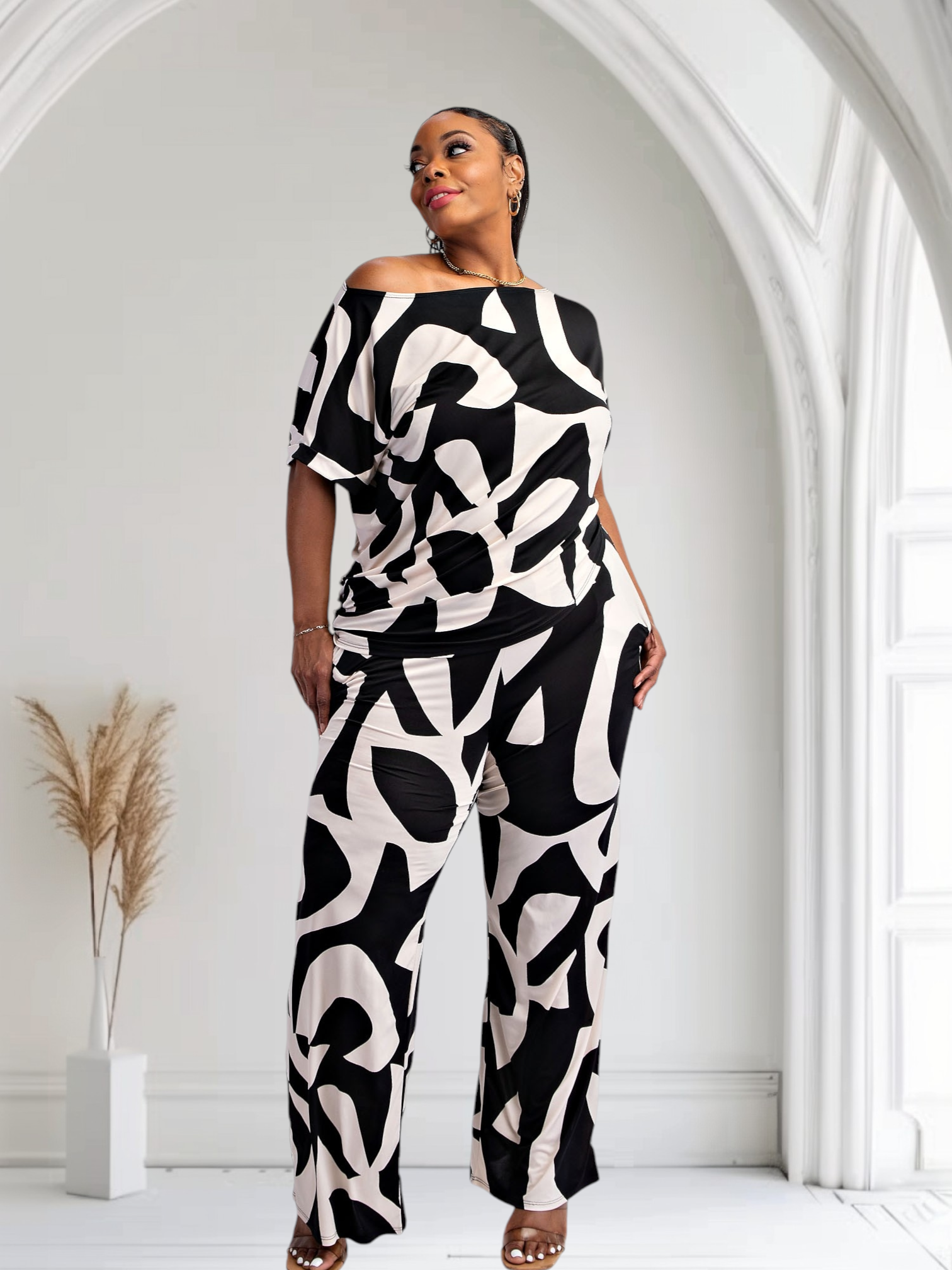 Fasheabe Lori Print black and white matching plus size pants set with pockets, stylish and comfortable activewear or casual outfit