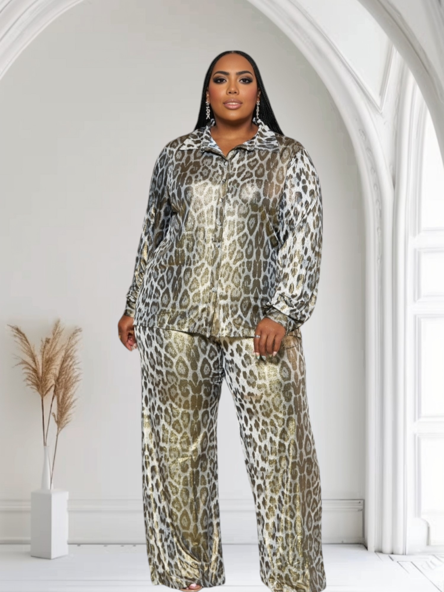 Plus size leopard print gold foil pants set by Fasheabe, featuring a stylish, bold fashion look with matching top and bottoms.