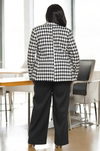 Black boss babe diamond print double-breasted plus size pant suit by Fasheabe, featuring a tailored blazer and matching trousers.