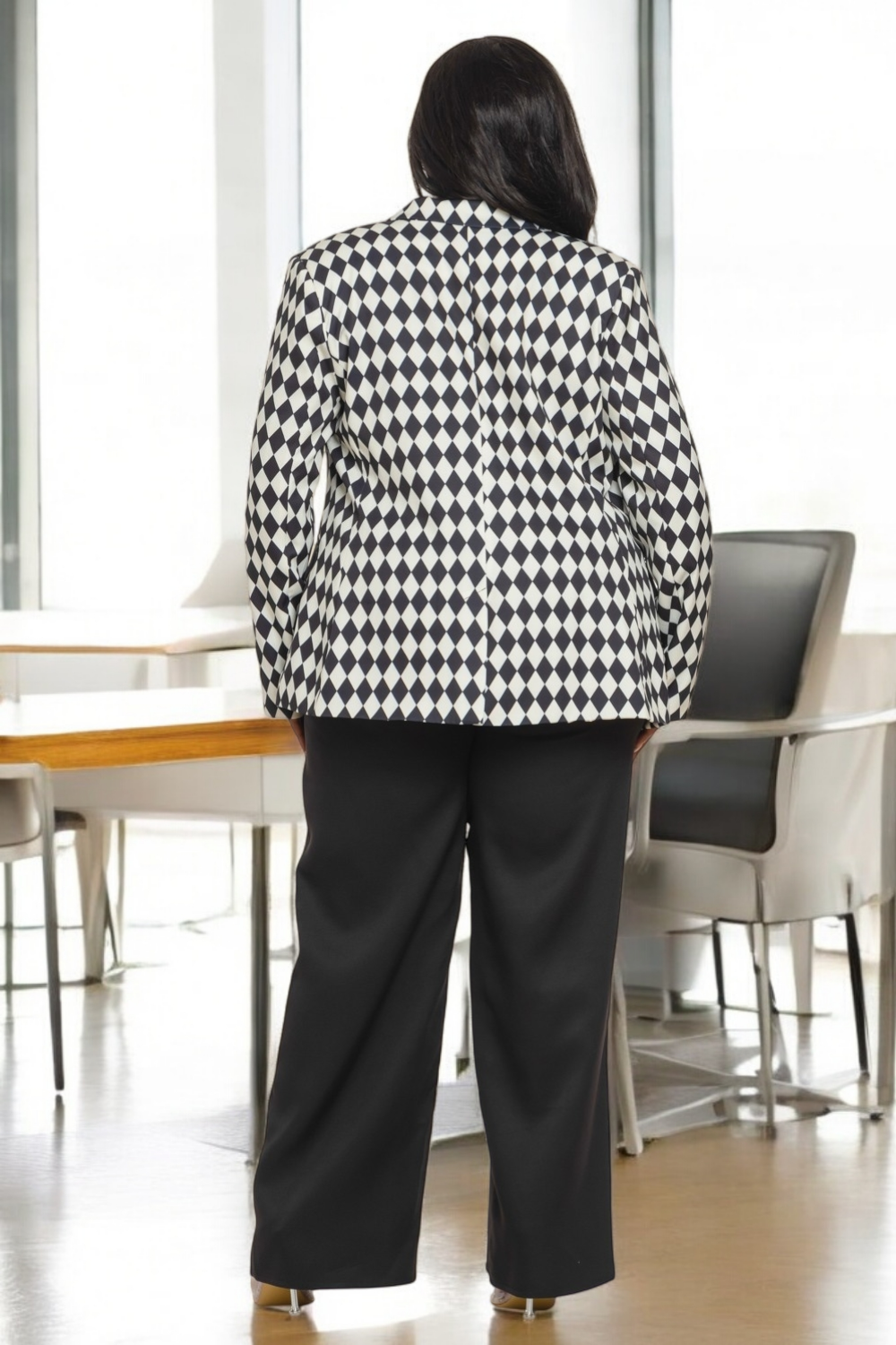 Black boss babe diamond print double-breasted plus size pant suit by Fasheabe, featuring a tailored blazer and matching trousers.