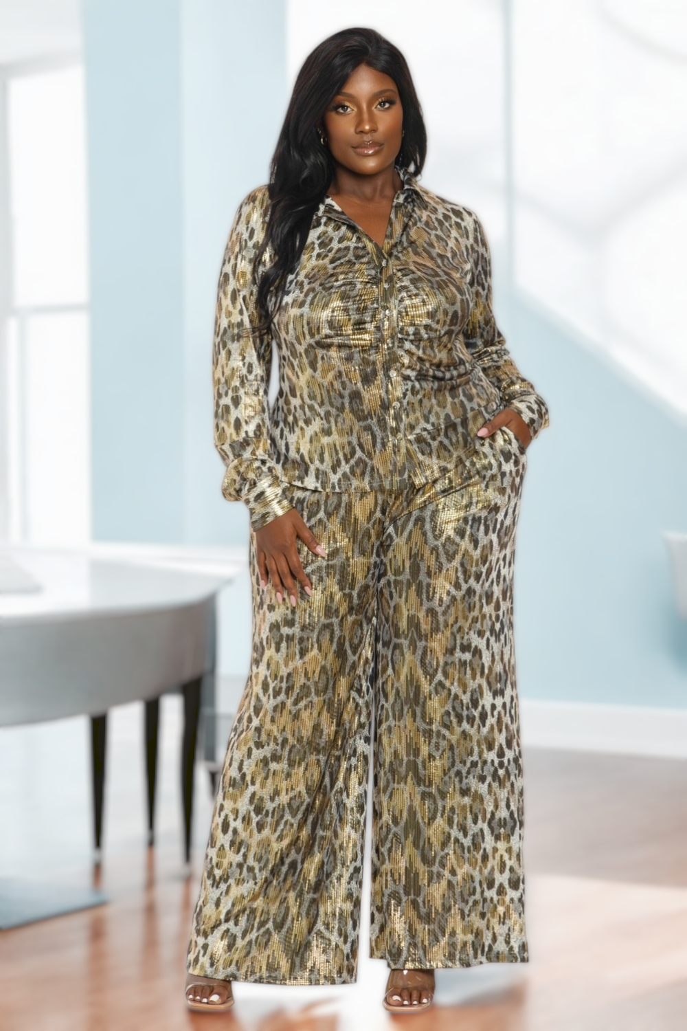 Plus size leopard print pants set with gold foil accents from Fasheabe, featuring a stylish and bold fashion ensemble.
