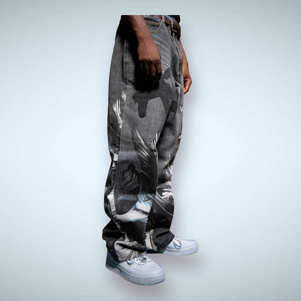 ARMOR JEANS RM204B graphic printed baggy jeans with bold print and relaxed fit, displayed on a model.