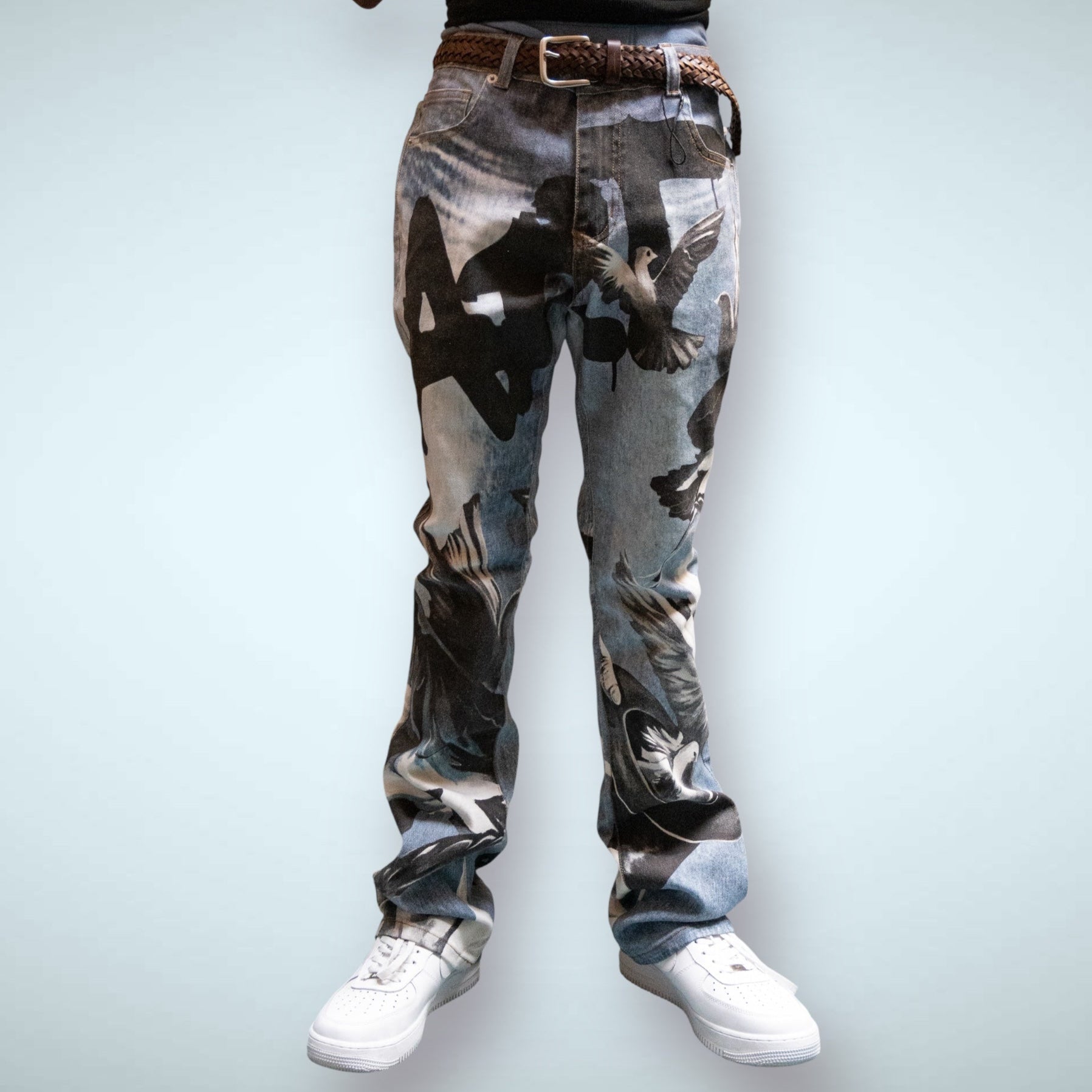 ARMOR JEANS RM204SK graphic printed stacked jeans with colorful, bold graphic designs and a relaxed fit.