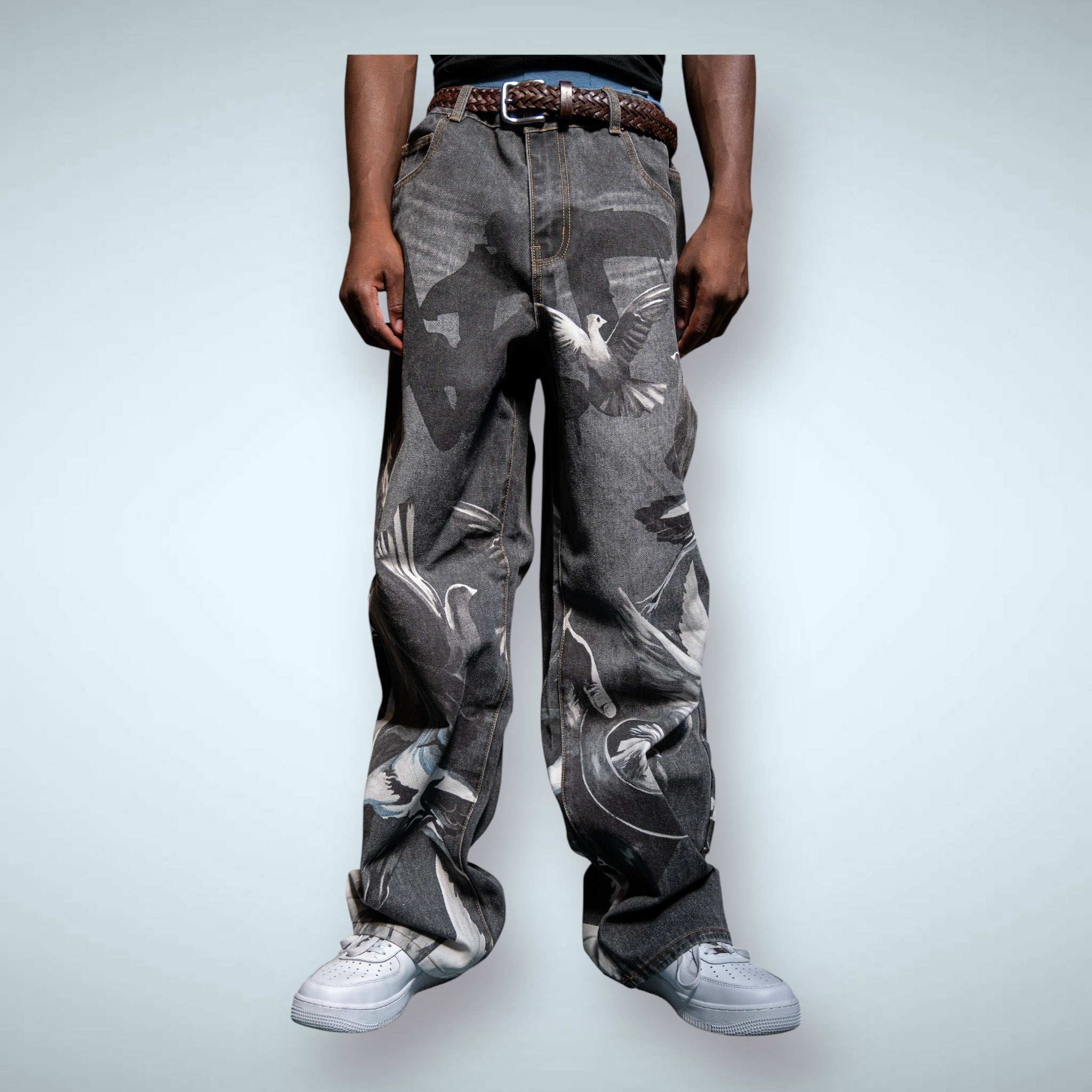 ARMOR JEANS RM204B graphic printed baggy jeans with bold patterns and relaxed fit, casual streetwear style.