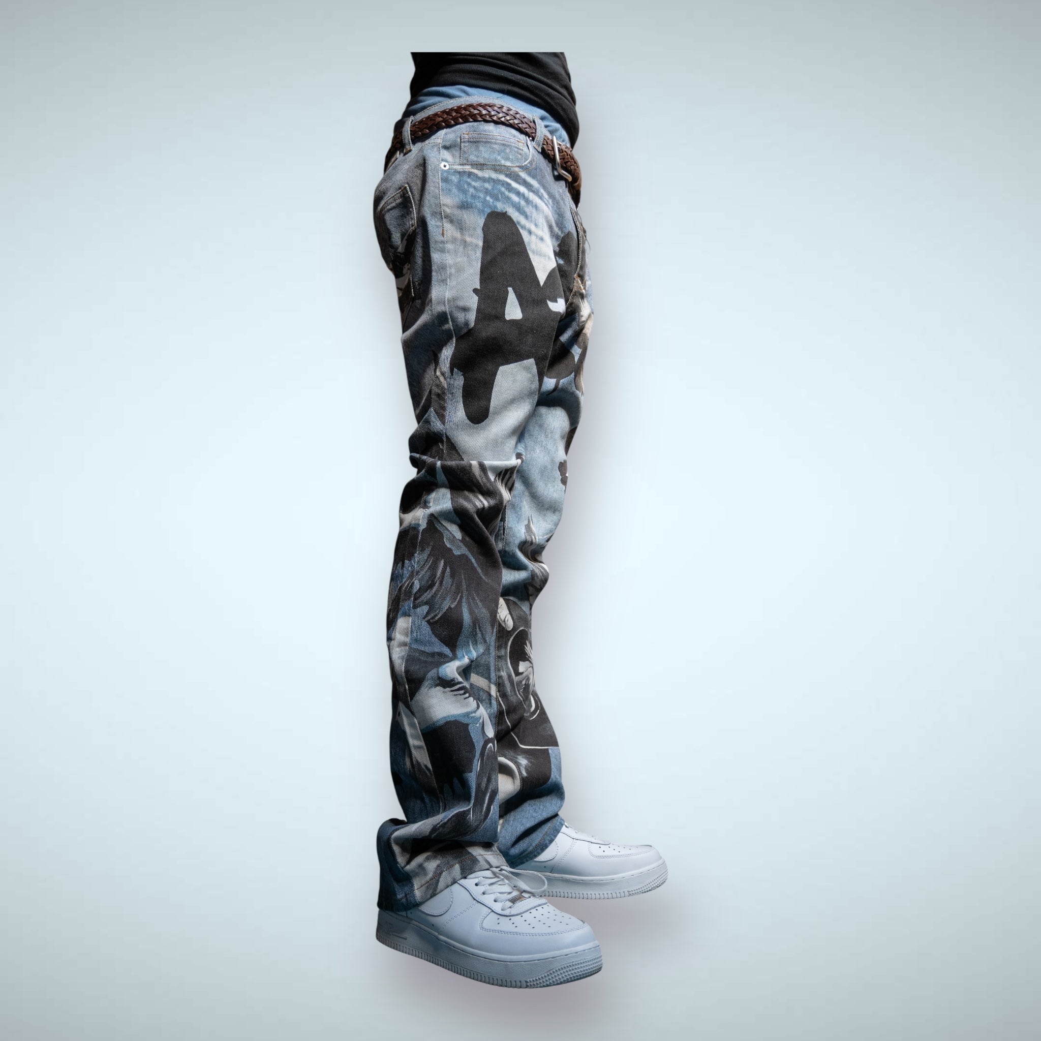 ARMOR JEANS RM204SK graphic printed stacked jeans featuring bold, colorful print and layered distressed denim design.