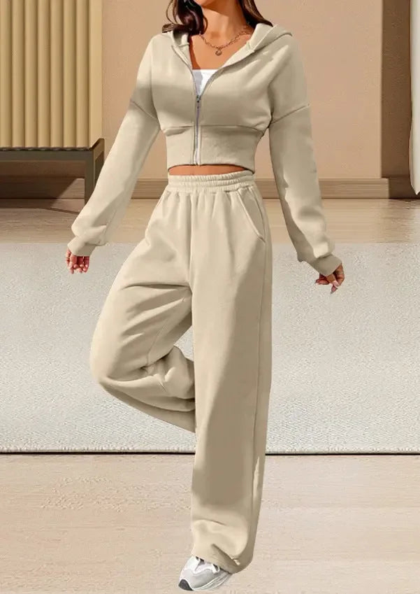 Pink Front Zip Hooded Sweatshirt And Two-piece Pants - Plush Fashion Hub