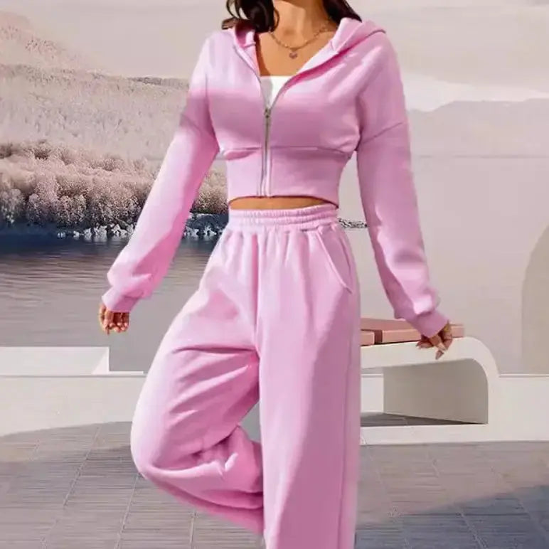Pink women's 2-piece hooded sweatshirt and jogger pants set by Plush Fashion Hub, front zip hoodie and matching joggers.