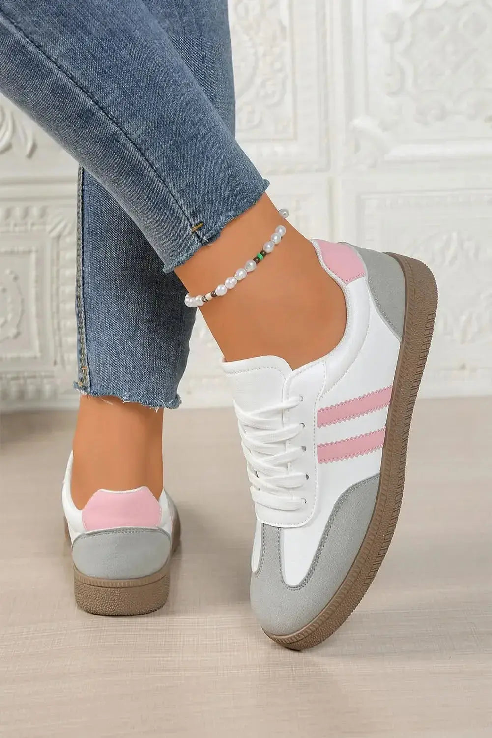 Women's pink striped patchwork PU leather lace-up sneakers with white soles, stylish and casual footwear by Gilded Glamour Shop
