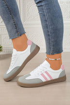 Pink striped patchwork PU leather women's lace-up sneakers by Gilded Glamour Shop with stylish design and comfortable fit.