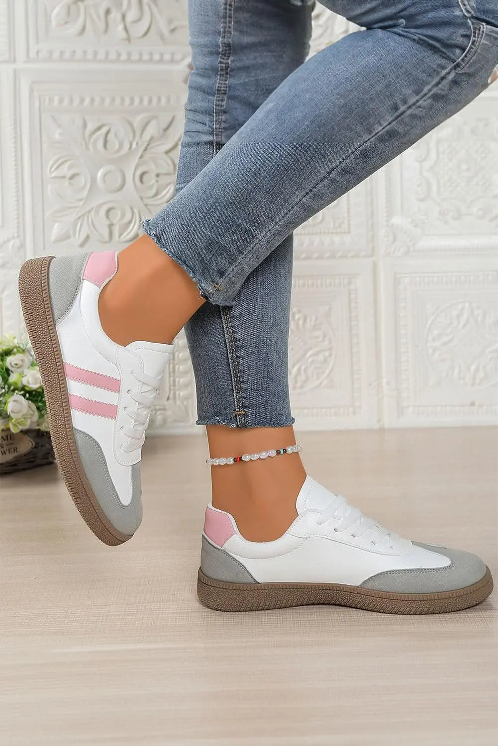 Pink striped patchwork PU leather lace-up sneakers for women, stylish Gilded Glamour Shop casual footwear.