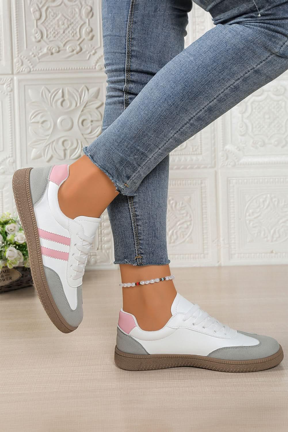Pink striped patchwork PU leather lace-up sneakers for women from Gilded Glamour Shop, featuring stylish design and comfortable fit.