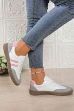 Pink striped patchwork PU leather lace-up sneakers for women from Gilded Glamour Shop, featuring stylish design and comfortable fit.