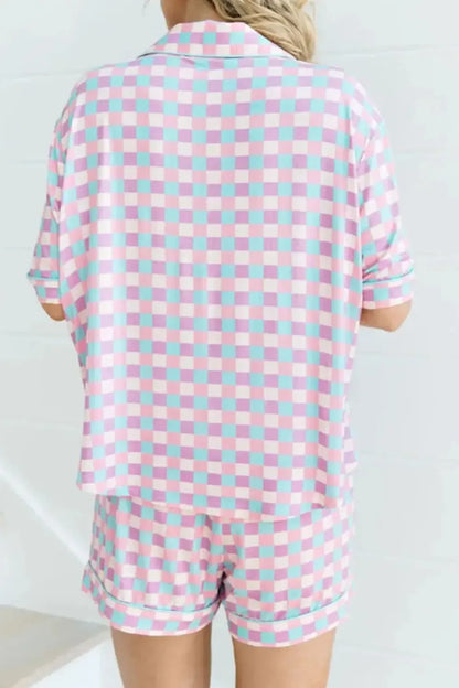 Plaid Collared Neck Short Sleeve Top and Shorts Lounge Set - Plush Fashion Hub