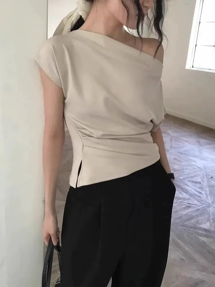 Pleated Off-Shoulder Irregular Versatile Top - Plush Fashion Hub