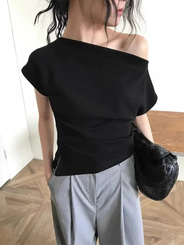 Pleated Off-Shoulder Irregular Versatile Top - Plush Fashion Hub