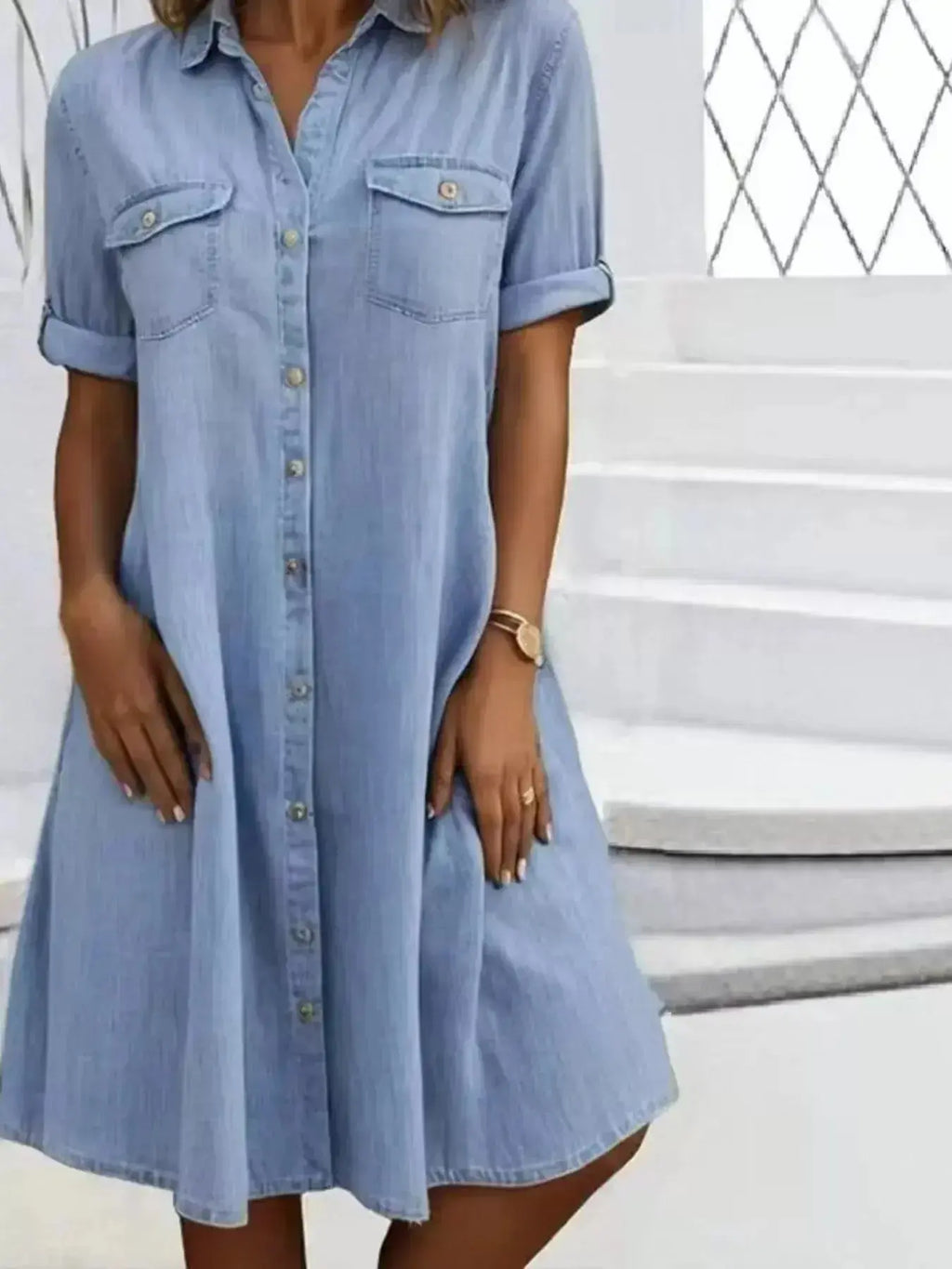 Plus size button-front short sleeve denim dress by Plush Fashion Hub, casual midi style with flattering fit and classic denim look.