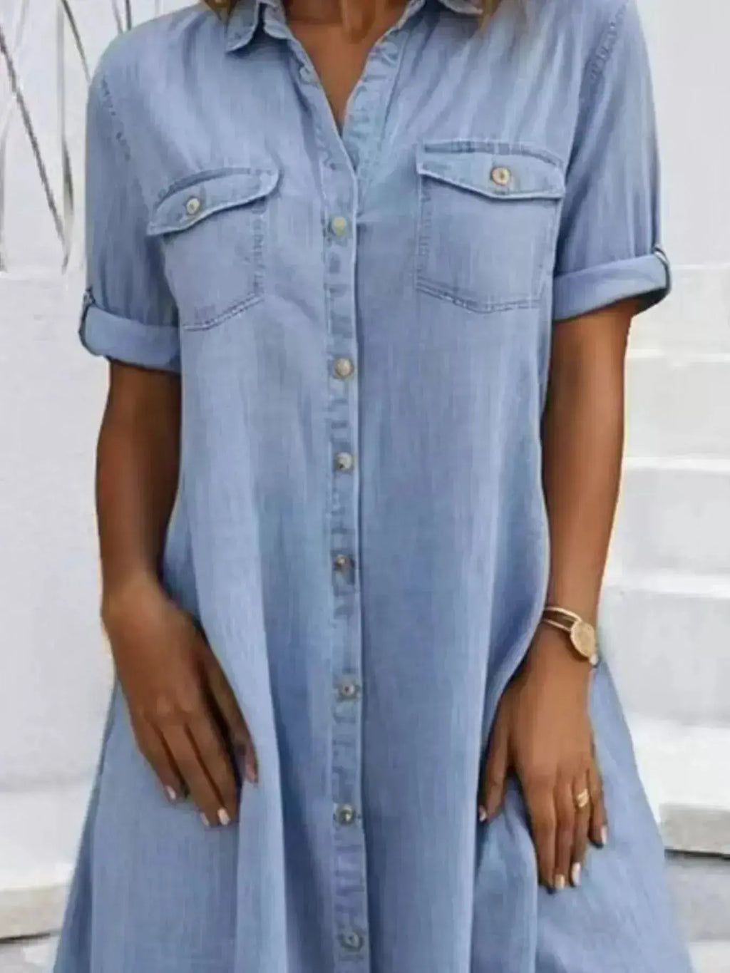 Plus size button-front short sleeve denim dress by Plush Fashion Hub, casual midi style, flattering fit, denim fabric, versatile design.