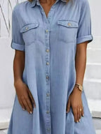 Plus size button-front short sleeve denim dress by Plush Fashion Hub, casual midi style, flattering fit, denim fabric, versatile design.