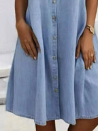 Plus size button-front short sleeve denim dress by Plush Fashion Hub, casual midi style with a flattering fit.