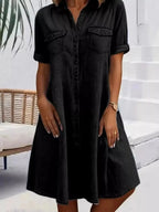 Plus size button-front short sleeve denim dress by Plush Fashion Hub, casual midi style with flattering fit, perfect for everyday wear.