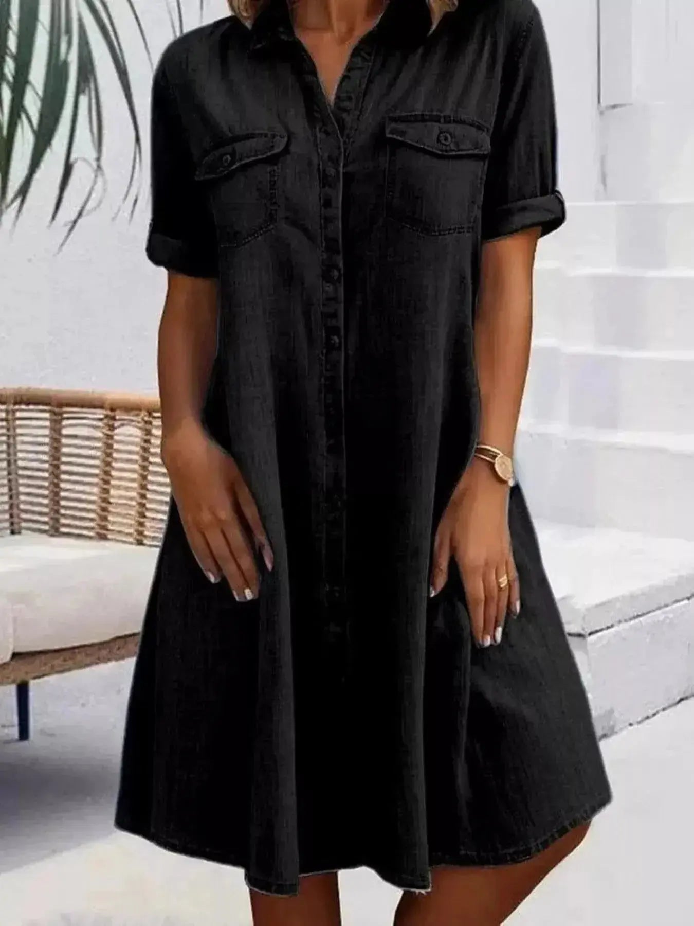 Plus size button-front short sleeve denim dress by Plush Fashion Hub, casual midi style with flattering fit, perfect for everyday wear.