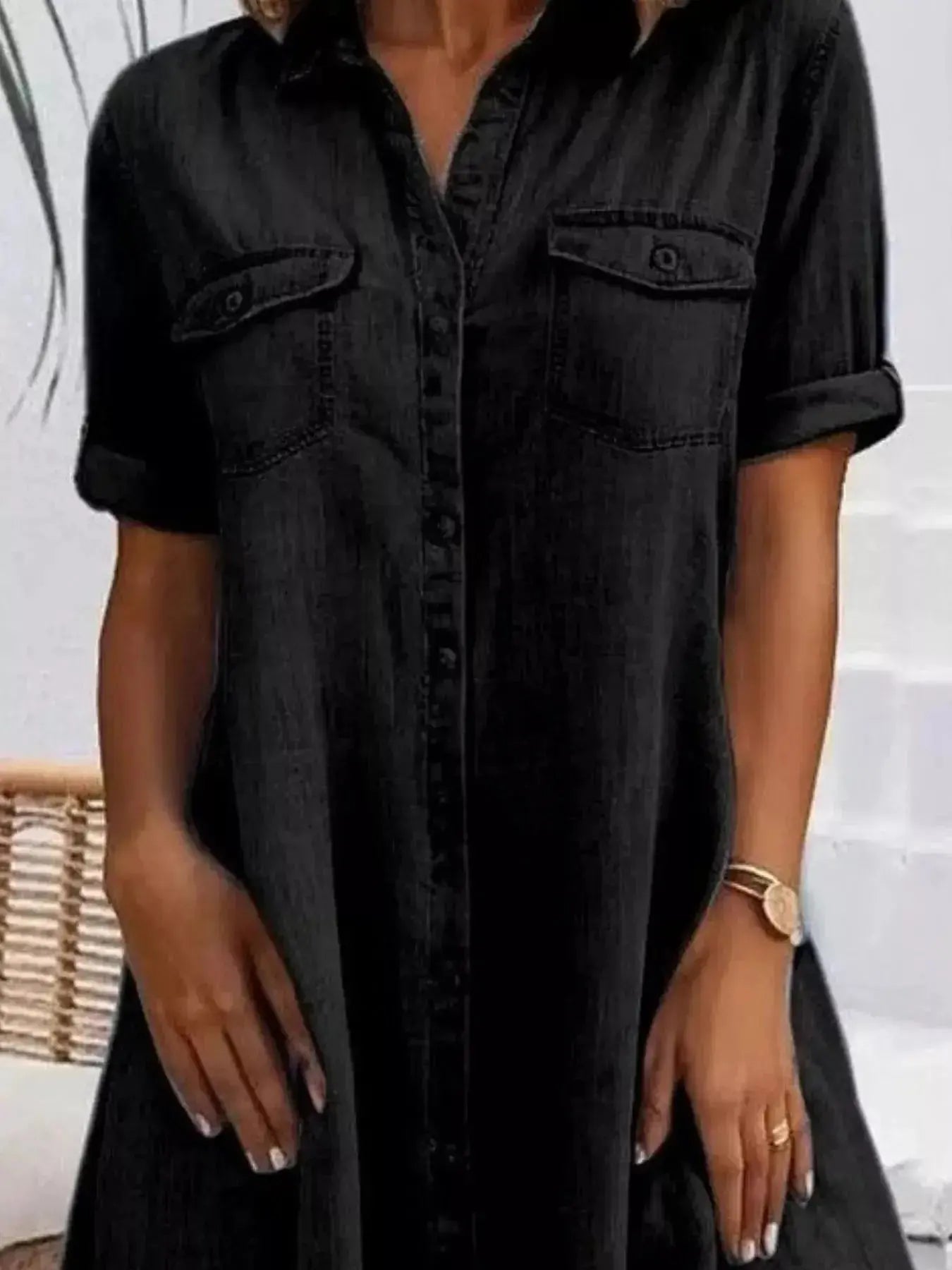 Plus size button-front short sleeve denim dress by Plush Fashion Hub, casual midi style, flattering fit, denim fabric, trendy design