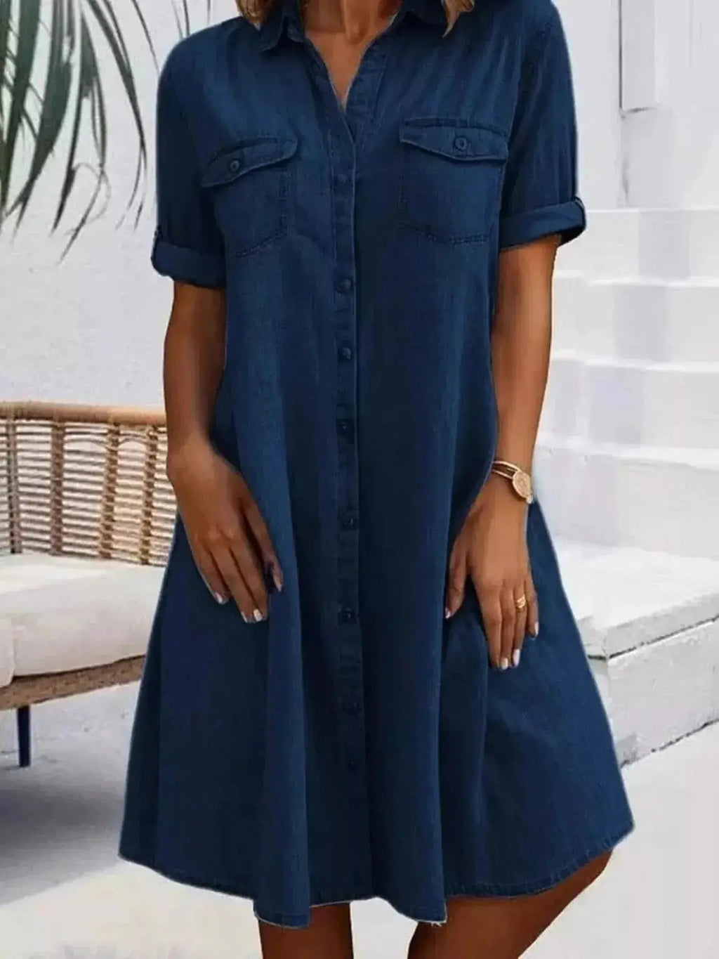 Plus size button-front short sleeve denim dress by Plush Fashion Hub, casual midi style with flattering fit and classic denim look.