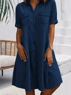 Plus size button-front short sleeve denim dress by Plush Fashion Hub, casual midi style with flattering fit and classic denim look.
