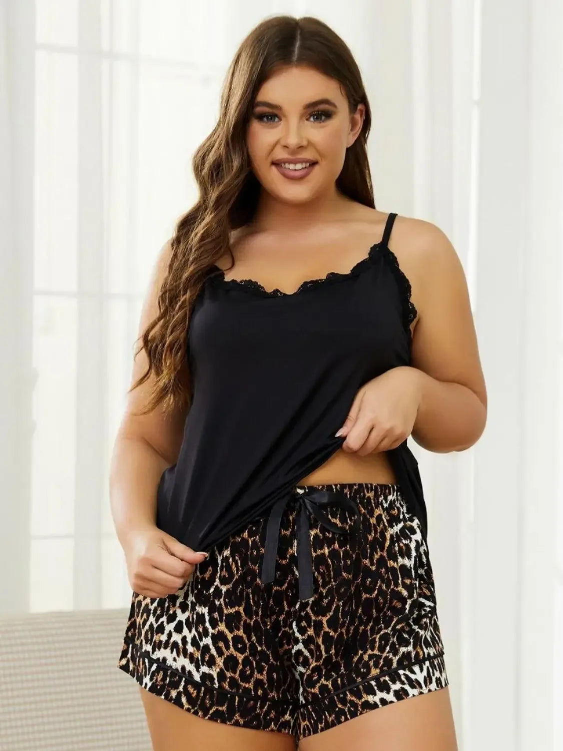 Plus Size Lace Cami and Printed Shorts Pajama Set - Plush Fashion Hub