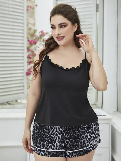 Plus Size Lace Cami and Printed Shorts Pajama Set - Plush Fashion Hub