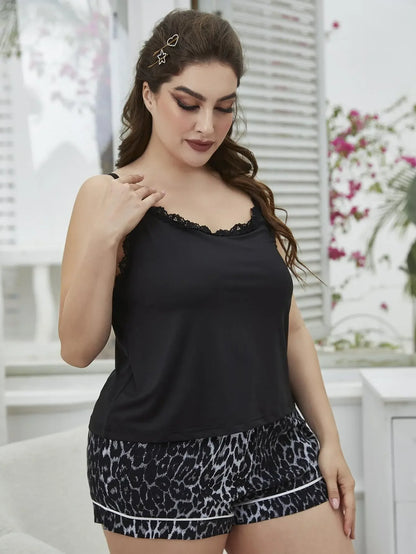 Plus Size Lace Cami and Printed Shorts Pajama Set - Plush Fashion Hub