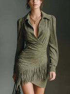 Plus size long sleeve suede boho dress with fringe and bohemian style, featuring a chic shift silhouette from Trendsi.