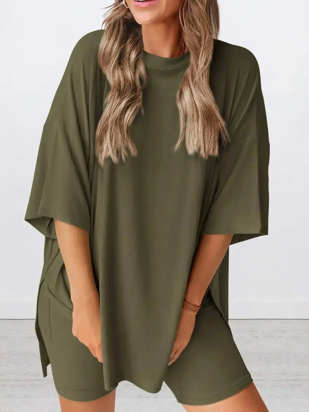 Plus size oversized slit neck lounge set for women, soft rayon pajamas with relaxed fit and comfortable design.