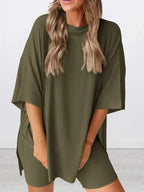 Plus size oversized slit neck lounge set for women, soft rayon pajamas with relaxed fit and comfortable design.