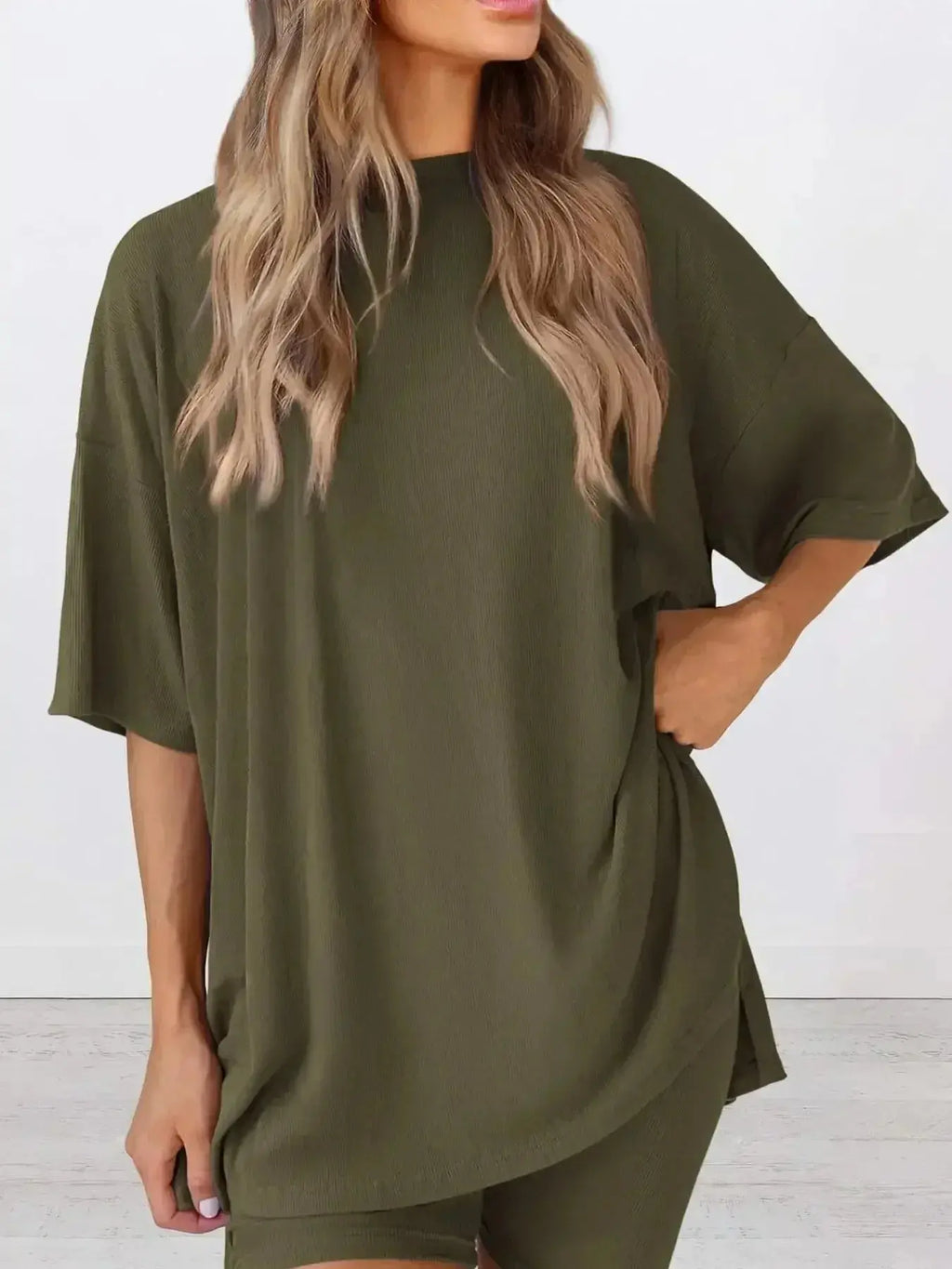 Plus size oversized slit-neck lounge set made of soft rayon pajamas for women, featuring a relaxed fit and comfortable design.