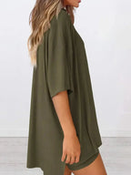 Plus size oversized slit neck lounge set for women, soft rayon pajamas with relaxed fit and comfortable design.