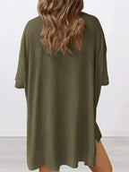 Plus size oversized slit neck lounge set for women, soft rayon pajamas with relaxed fit and comfortable design.