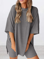 Plus size oversized slit neck lounge set made of soft rayon pajamas for women, featuring a relaxed fit and comfortable design.