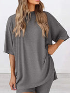 Plus size oversized slit neck lounge set made of soft rayon pajamas for women with relaxed fit and comfortable design.