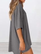 Plus size oversized slit neck lounge set for women with soft rayon fabric, featuring a relaxed fit and comfortable pajama style.